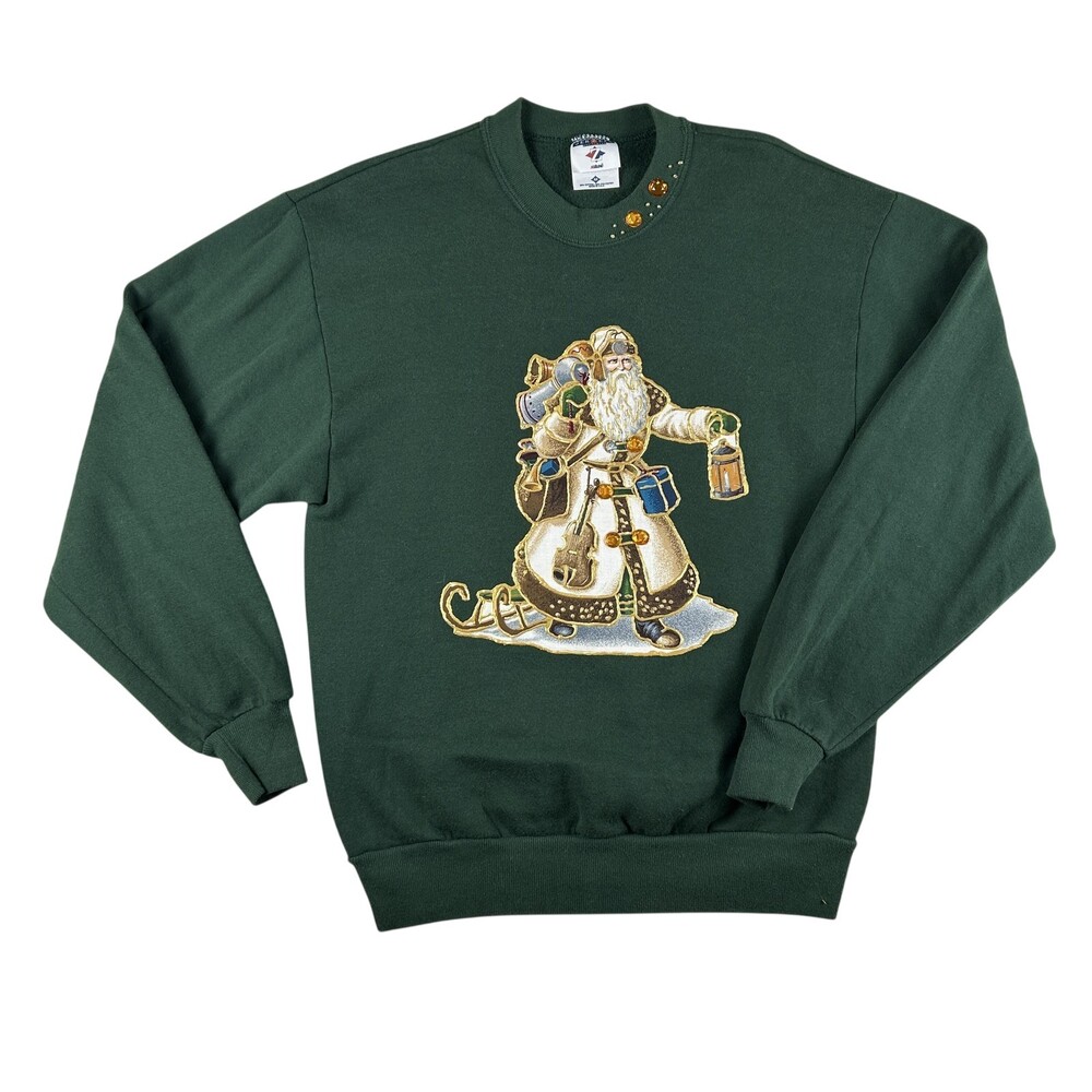 Vintage Jerzees Sweater Womens Medium Applique Santa Christmas Rhinestone 90s